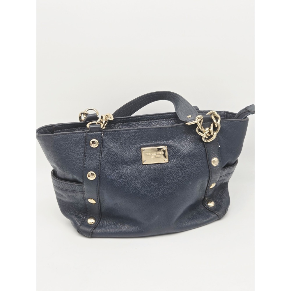 Michael Kors, Navy Blue Leather Purse Gold Studs, And Gold Chain Pebbled